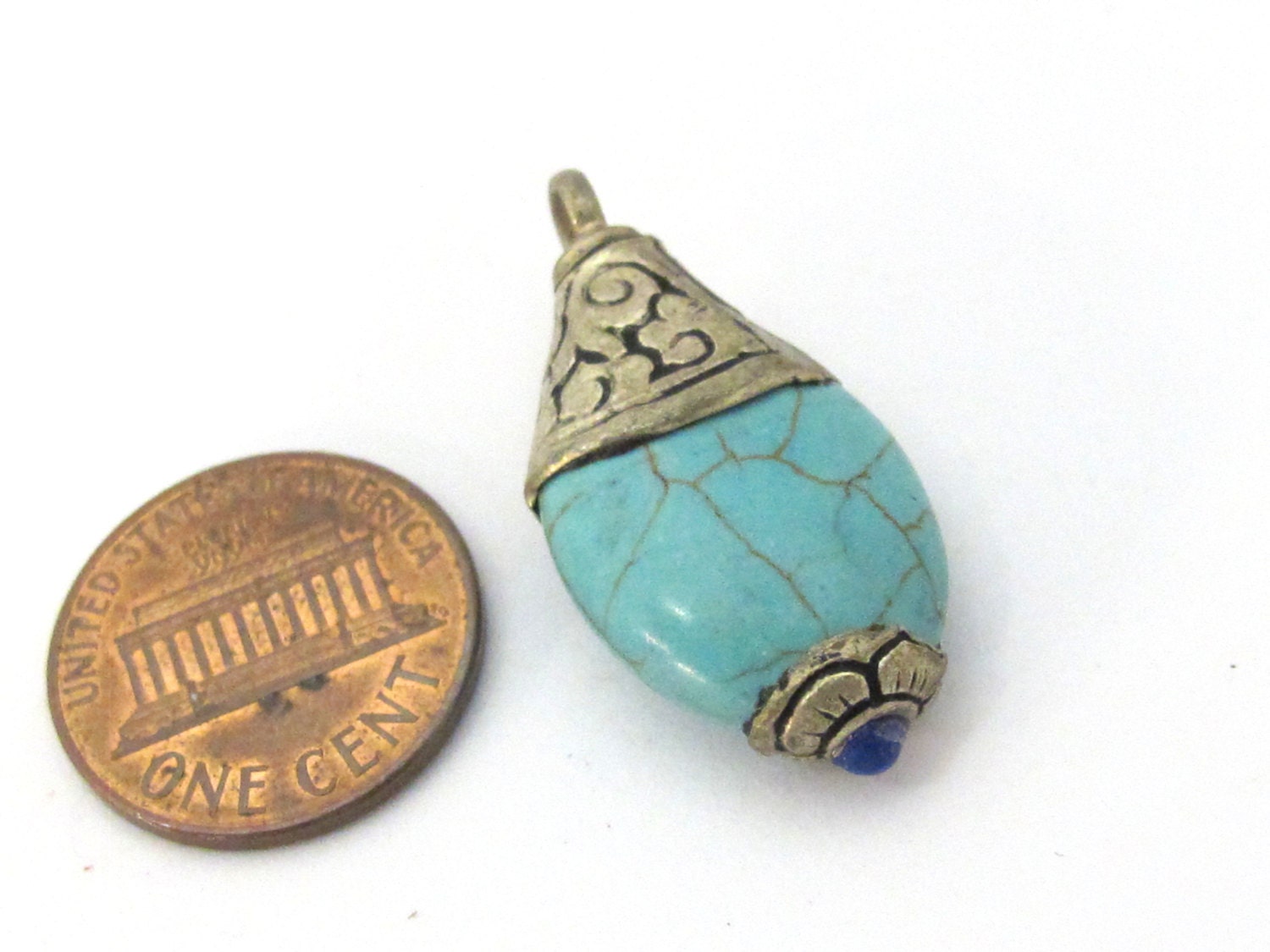 1 Pendant - Tibetan silver teardrop shape turquoise pendant from Nepal with floral carved bail - PM469