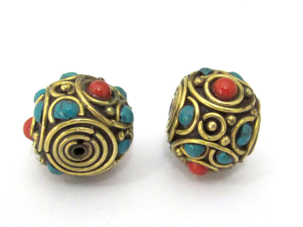 1 BEAD - Tibetan rondelle shape brass bead with turquoise inlay - BD896
