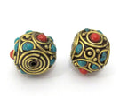 1 BEAD - Tibetan rondelle shape brass bead with turquoise inlay - BD896
