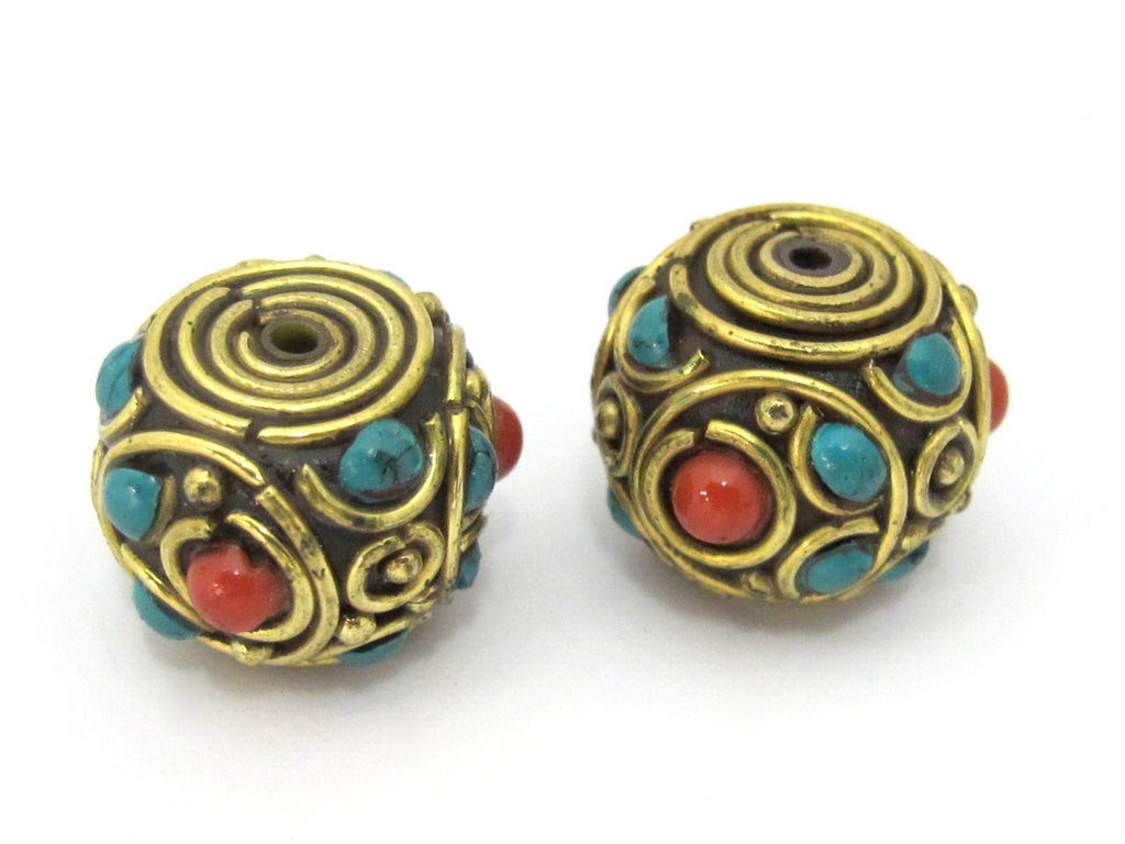 1 BEAD - Tibetan rondelle shape brass bead with turquoise inlay - BD896