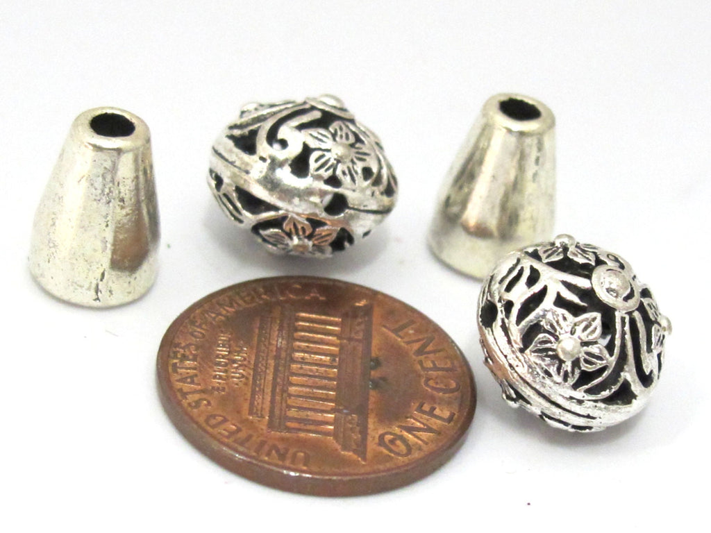 1 Guru bead set - Tibetan silver 3 hole oval shape floral design Guru bead with column bead - GB039
