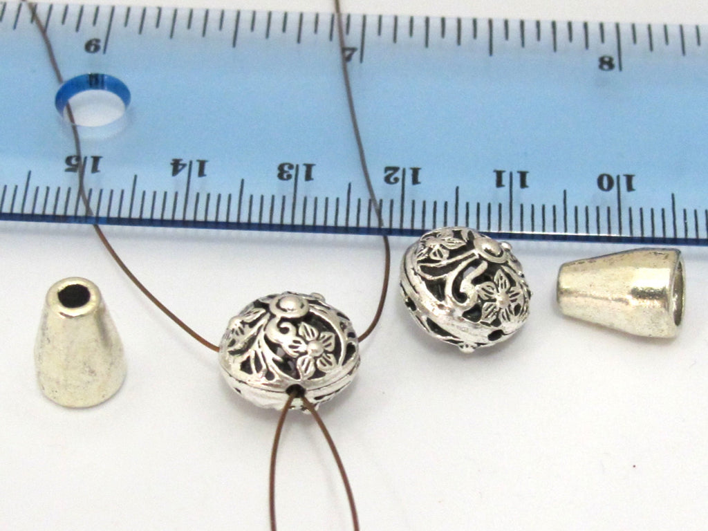 1 Guru bead set - Tibetan silver 3 hole oval shape floral design Guru bead with column bead - GB039