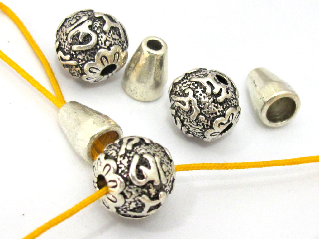 1 Guru bead set - 12 mm size Tibetan 3 hole Guru bead with Om mantra antiqued silver tone plated with column bead - GB038