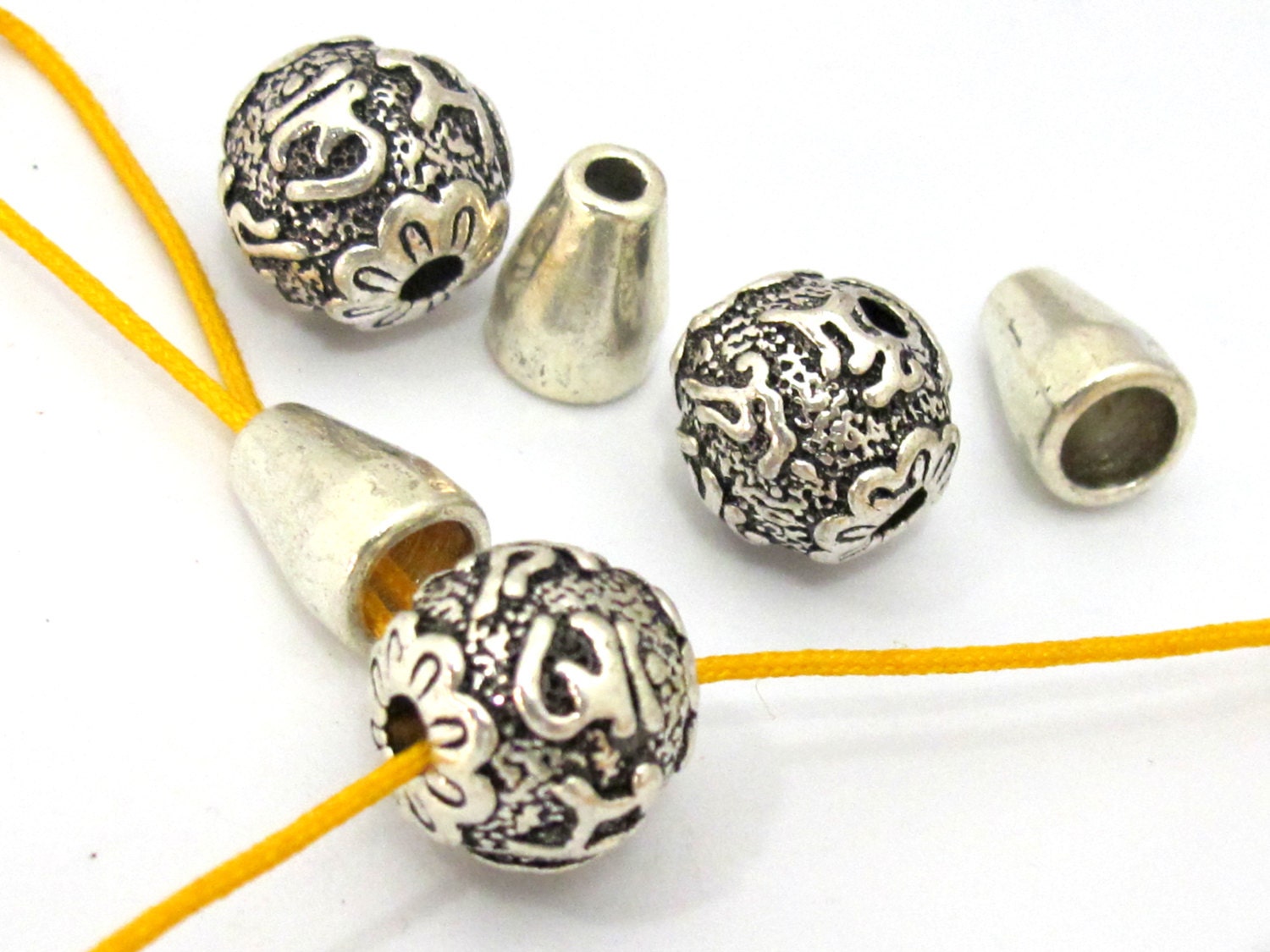 1 Guru bead set - 12 mm size Tibetan 3 hole Guru bead with Om mantra antiqued silver tone plated with column bead - GB038