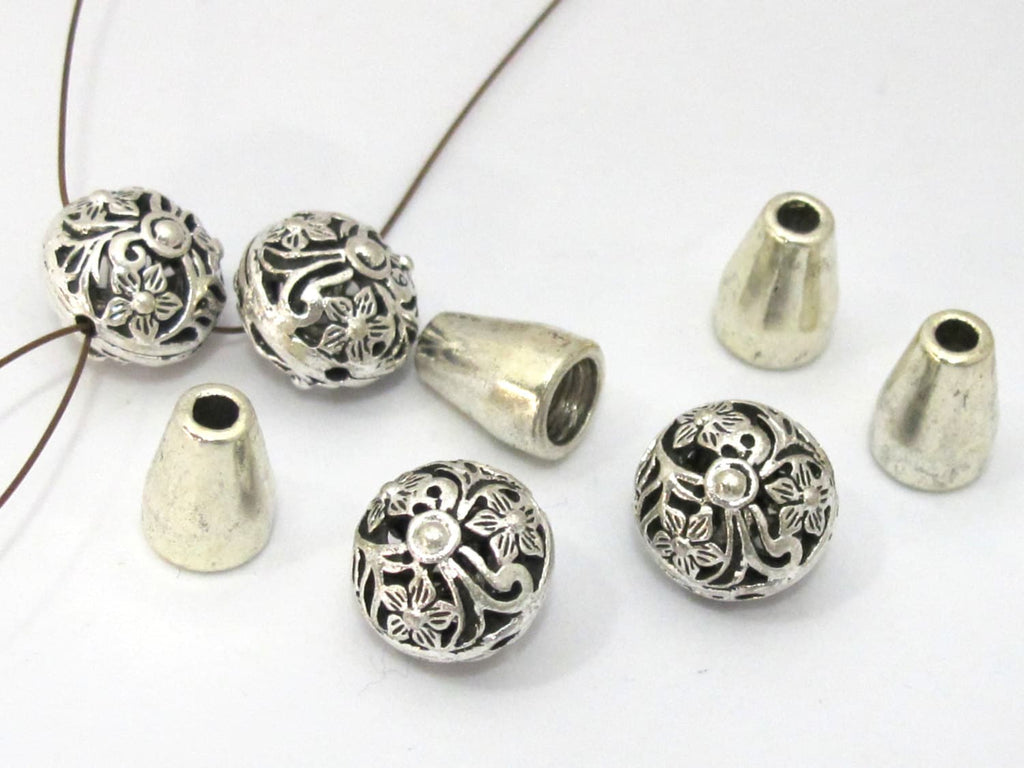 1 Guru bead set - Tibetan silver 3 hole oval shape floral design Guru bead with column bead - GB039
