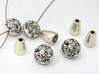 1 Guru bead set - Tibetan silver 3 hole oval shape floral design Guru bead with column bead - GB039