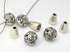 1 Guru bead set - Tibetan silver 3 hole oval shape floral design Guru bead with column bead - GB039