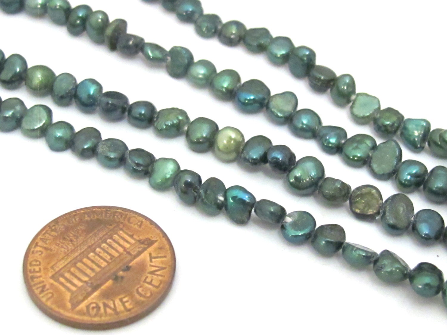 1 Full strand -Peacock green freshwater pearl beads 15 inches strand - 4 - 5 mm size - PL031