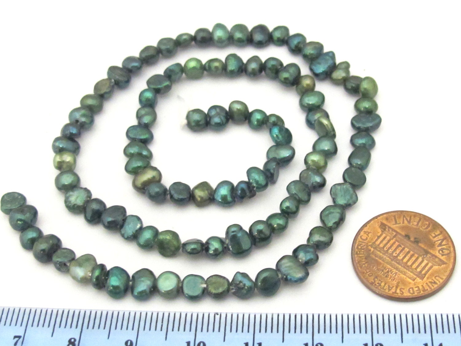 1 Full strand -Peacock green freshwater pearl beads 15 inches strand - 4 - 5 mm size - PL031