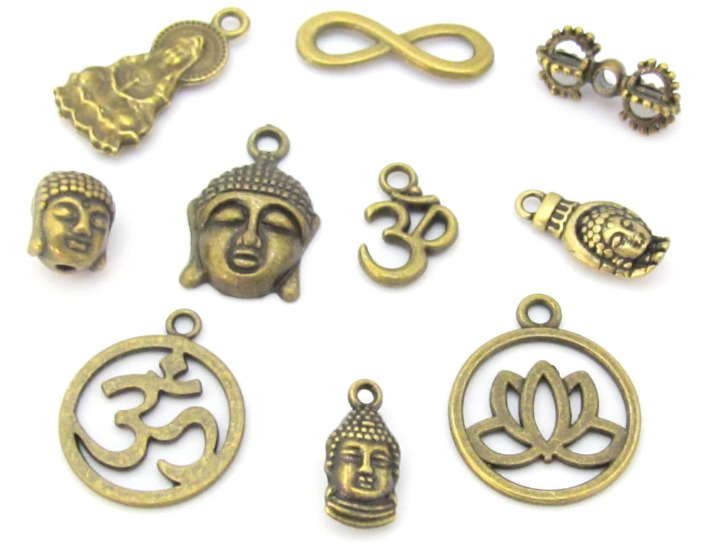 10 charms set - Brass color Tibetan Buddha om charms beads supply set - nepalbeadshop jewelry supplies - CM180