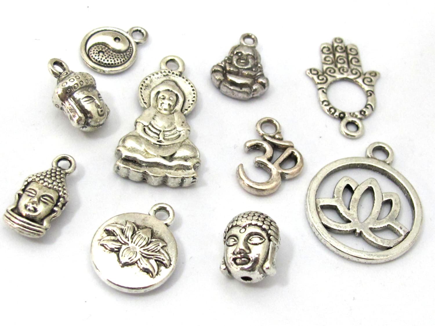 10 charms set - Antiqued silver color Buddha om charms beads supplies set - assorted charms - nepalbeadshop jewelry supplies - CM181