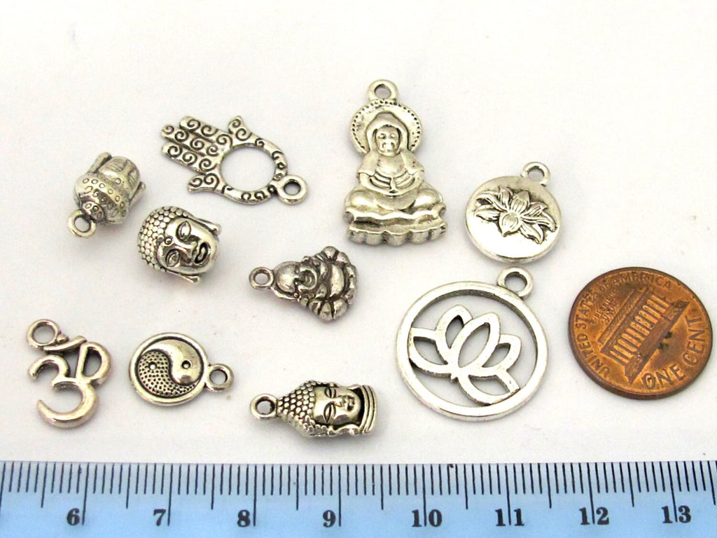 10 charms set - Antiqued silver color Buddha om charms beads supplies set - assorted charms - nepalbeadshop jewelry supplies - CM181