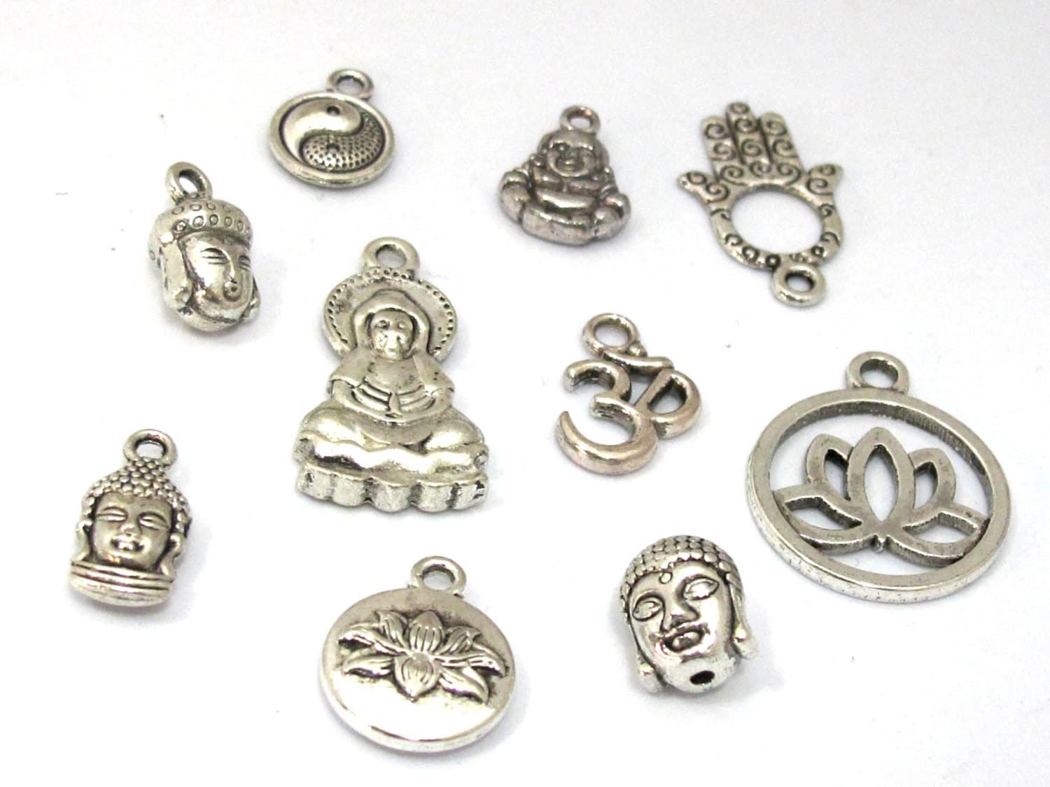 10 charms set - Antiqued silver color Buddha om charms beads supplies set - assorted charms - nepalbeadshop jewelry supplies - CM181