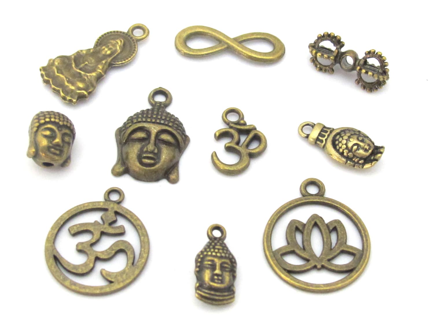 10 charms set - Brass color Tibetan Buddha om charms beads supply set - nepalbeadshop jewelry supplies - CM180