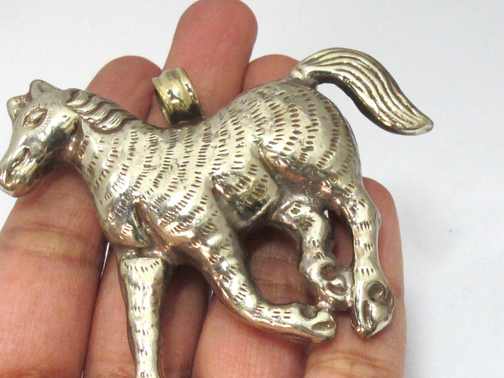 1 Pendant - Large Tibetan silver repousse carving Horse pendant from Nepal - PM471B