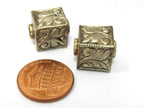 1 BEAD - Tibetan silver repousse floral leaf carving cube shape bead - BD901A