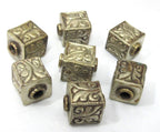 1 BEAD - Tibetan silver repousse floral leaf carving cube shape bead - BD901A