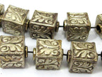 1 BEAD - Tibetan silver repousse floral leaf carving cube shape bead - BD901A