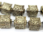 1 BEAD - Tibetan silver repousse floral leaf carving cube shape bead - BD901A