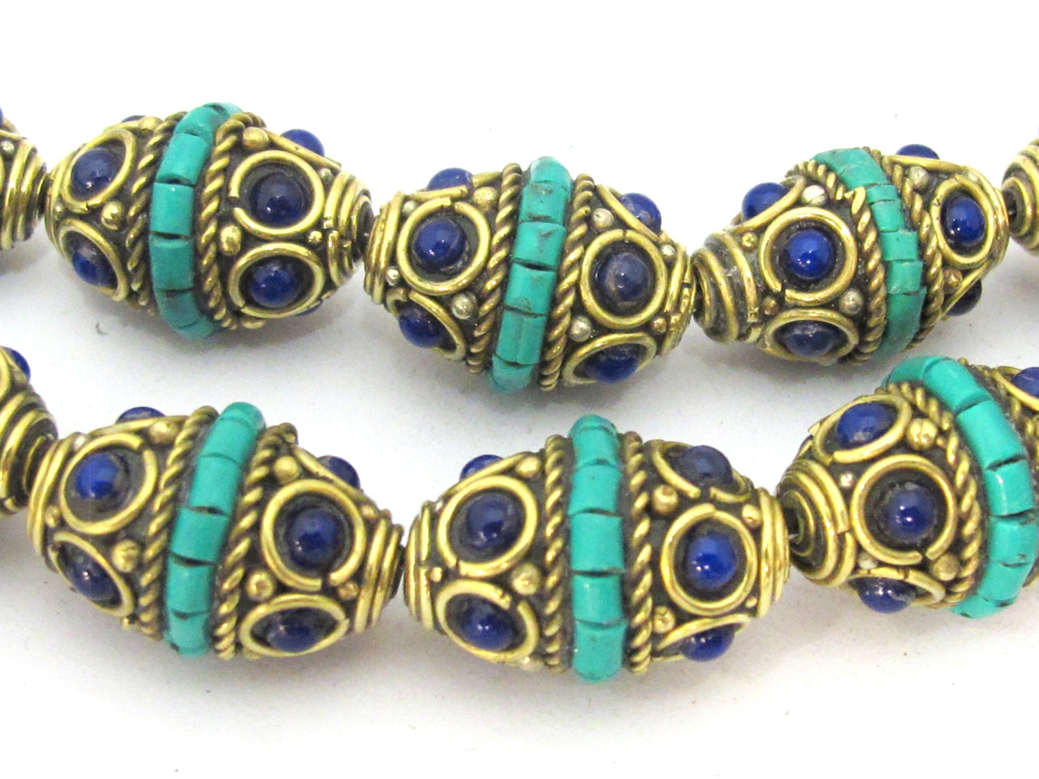 1 Bead - Nepalese bead supplies - Brass bead bicone shape with turquoise inlay & blue resin inlay - BD905