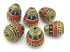 1 bead - Nepal Brass Bead cone shape bead with red blue inlays - nepal beads supplies BD906