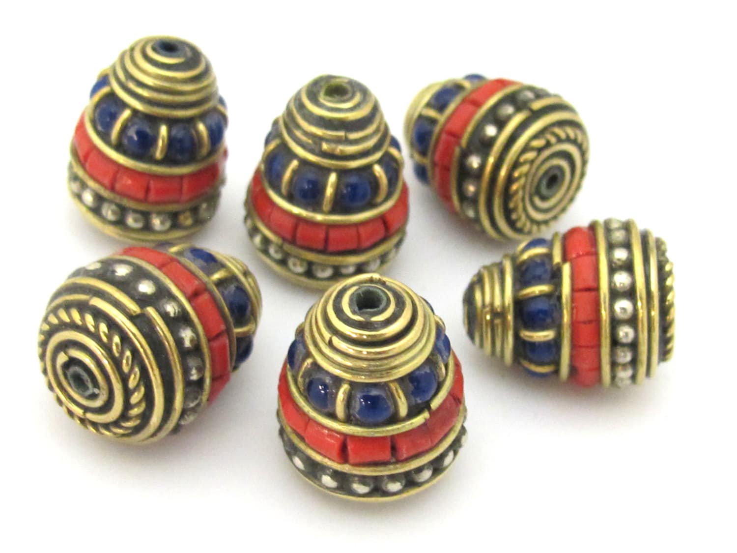 1 bead - Nepal Brass Bead cone shape bead with red blue inlays - nepal beads supplies BD906
