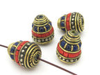 1 bead - Nepal Brass Bead cone shape bead with red blue inlays - nepal beads supplies BD906
