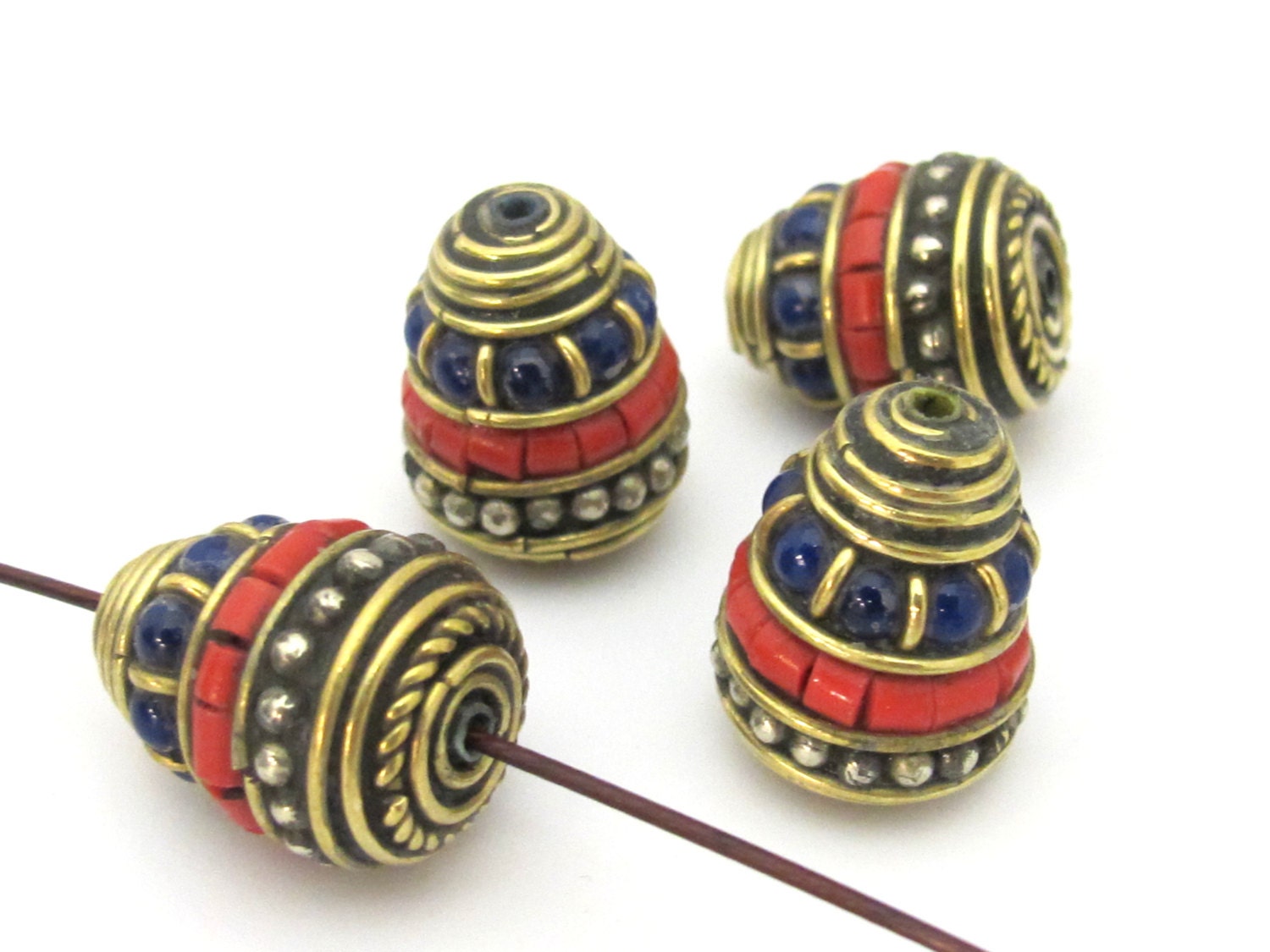 1 bead - Nepal Brass Bead cone shape bead with red blue inlays - nepal beads supplies BD906