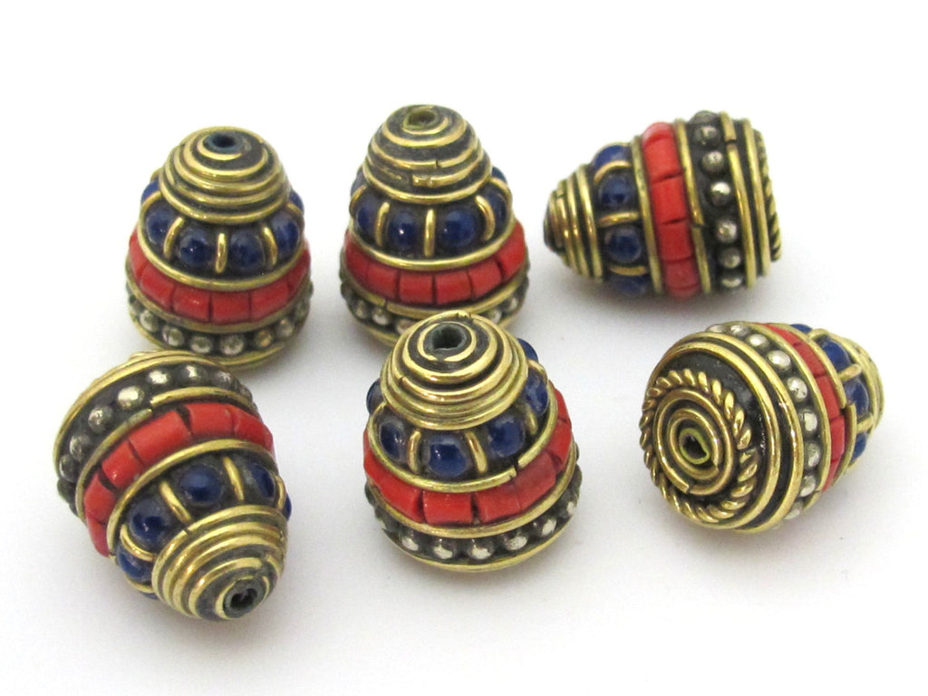 1 bead - Nepal Brass Bead cone shape bead with red blue inlays - nepal beads supplies BD906