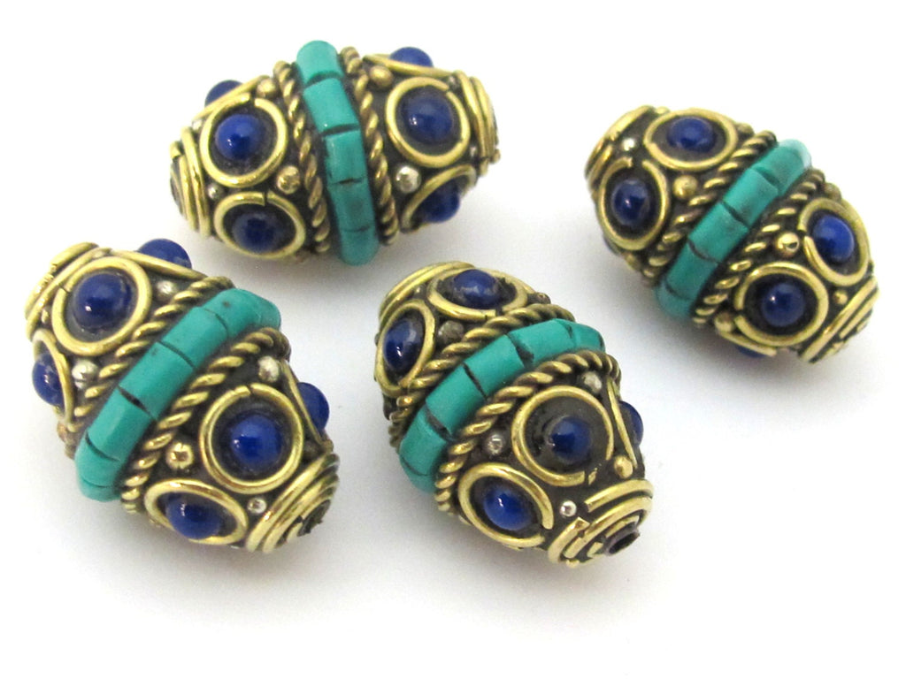 1 Bead - Nepalese bead supplies - Brass bead bicone shape with turquoise inlay & blue resin inlay - BD905
