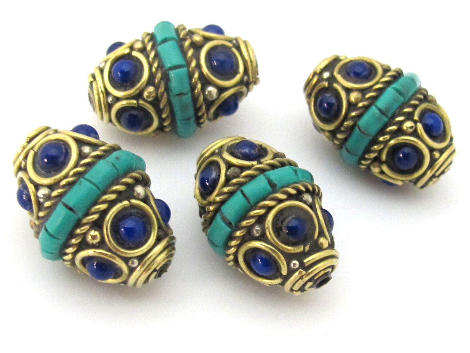1 Bead - Nepalese bead supplies - Brass bead bicone shape with turquoise inlay & blue resin inlay - BD905