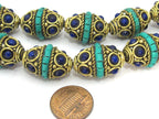 1 Bead - Nepalese bead supplies - Brass bead bicone shape with turquoise inlay & blue resin inlay - BD905