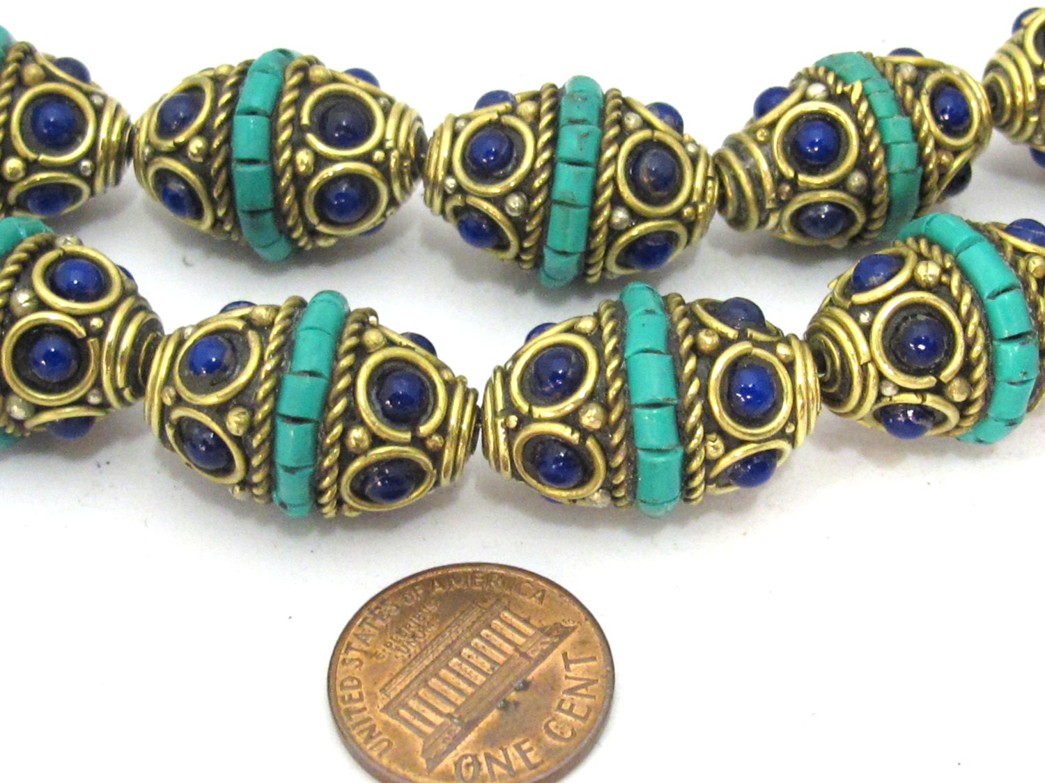 1 Bead - Nepalese bead supplies - Brass bead bicone shape with turquoise inlay & blue resin inlay - BD905