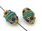 1 Bead - Nepalese bead supplies - Brass bead bicone shape with turquoise inlay & blue resin inlay - BD905
