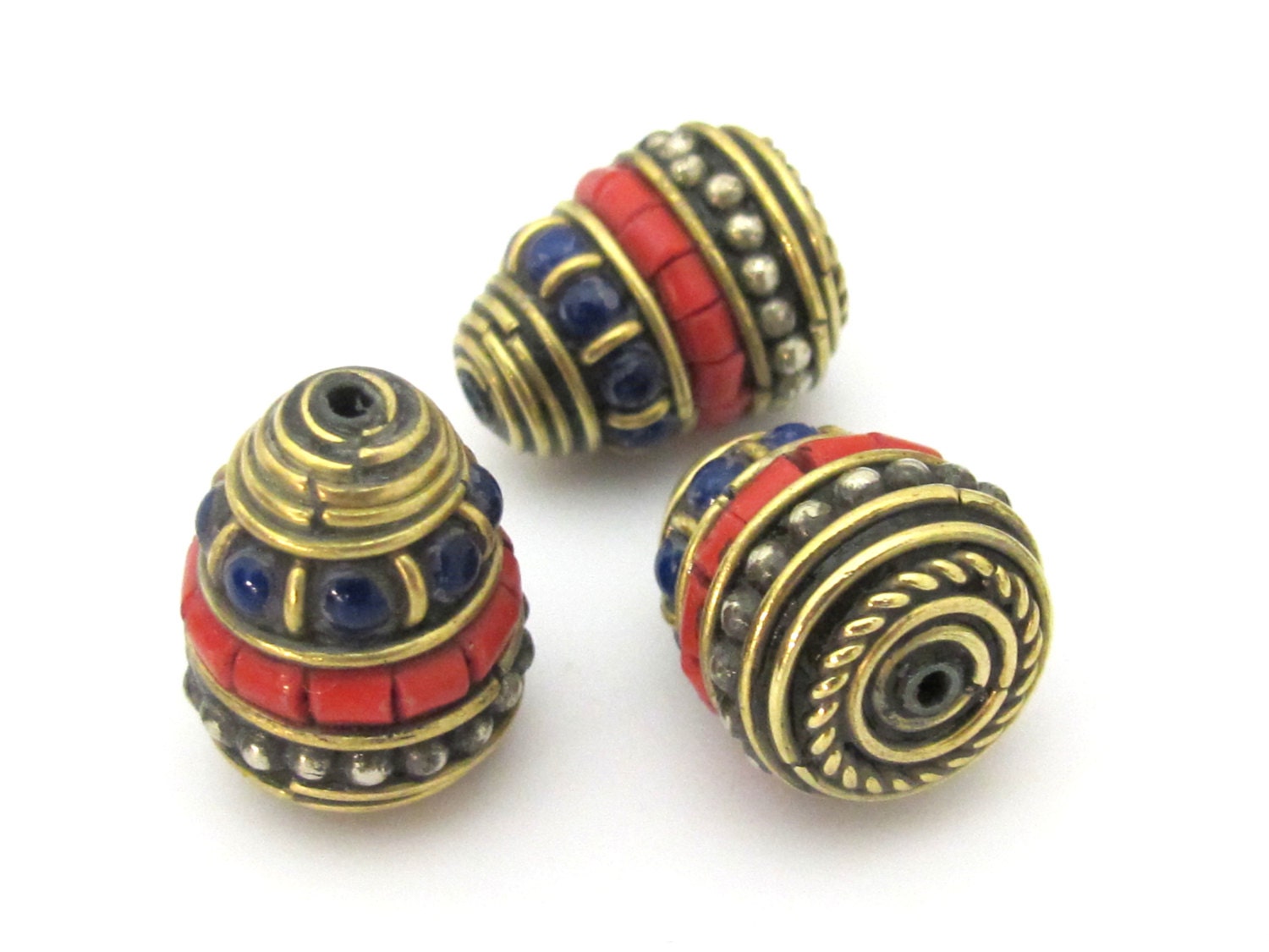 1 bead - Nepal Brass Bead cone shape bead with red blue inlays - nepal beads supplies BD906