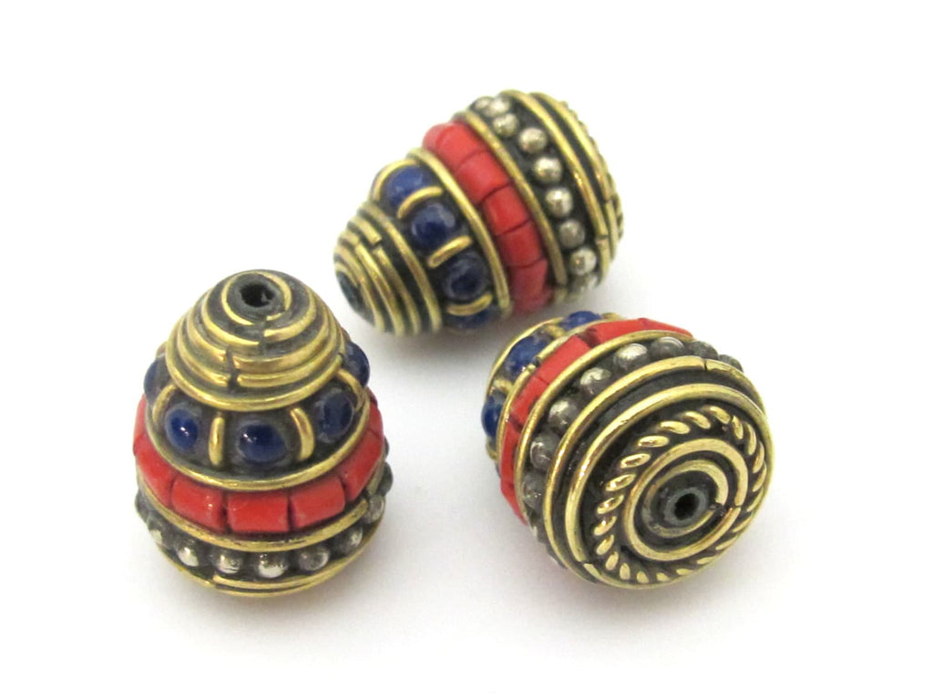 1 bead - Nepal Brass Bead cone shape bead with red blue inlays - nepal beads supplies BD906