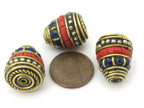 1 bead - Nepal Brass Bead cone shape bead with red blue inlays - nepal beads supplies BD906
