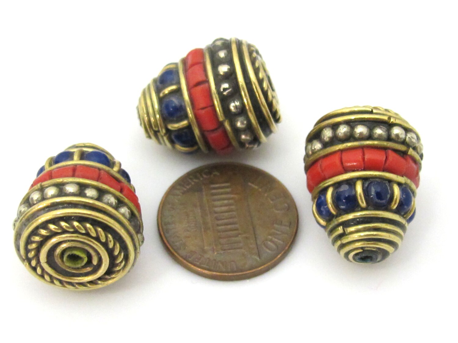 1 bead - Nepal Brass Bead cone shape bead with red blue inlays - nepal beads supplies BD906