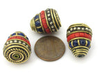 1 bead - Nepal Brass Bead cone shape bead with red blue inlays - nepal beads supplies BD906
