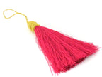 1 Piece - Long fuschia pink color silky tassel charm with golden cord twine - tassle fringe craft supply - TS006