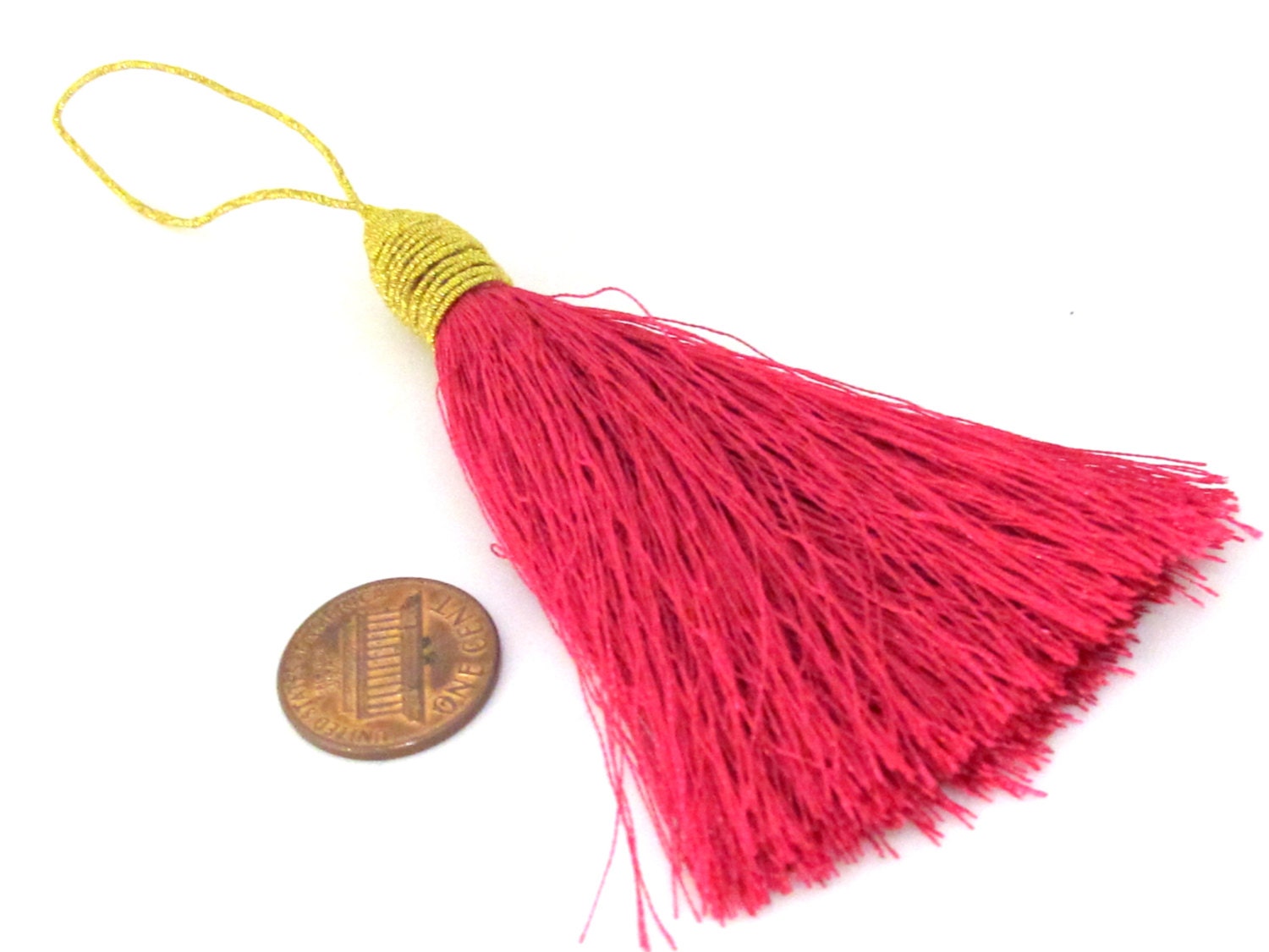1 Piece - Long fuschia pink color silky tassel charm with golden cord twine - tassle fringe craft supply - TS006