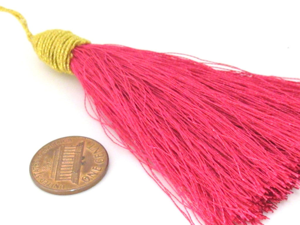 1 Piece - Long fuschia pink color silky tassel charm with golden cord twine - tassle fringe craft supply - TS006
