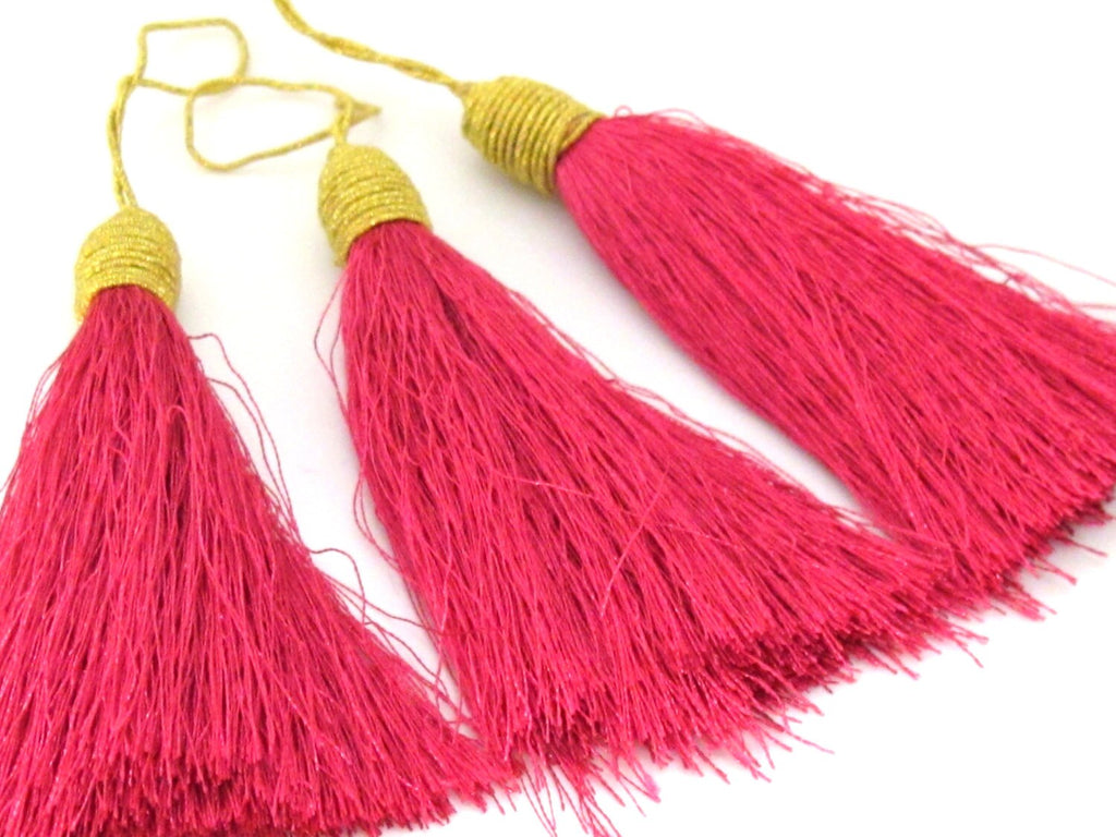 1 Piece - Long fuschia pink color silky tassel charm with golden cord twine - tassle fringe craft supply - TS006