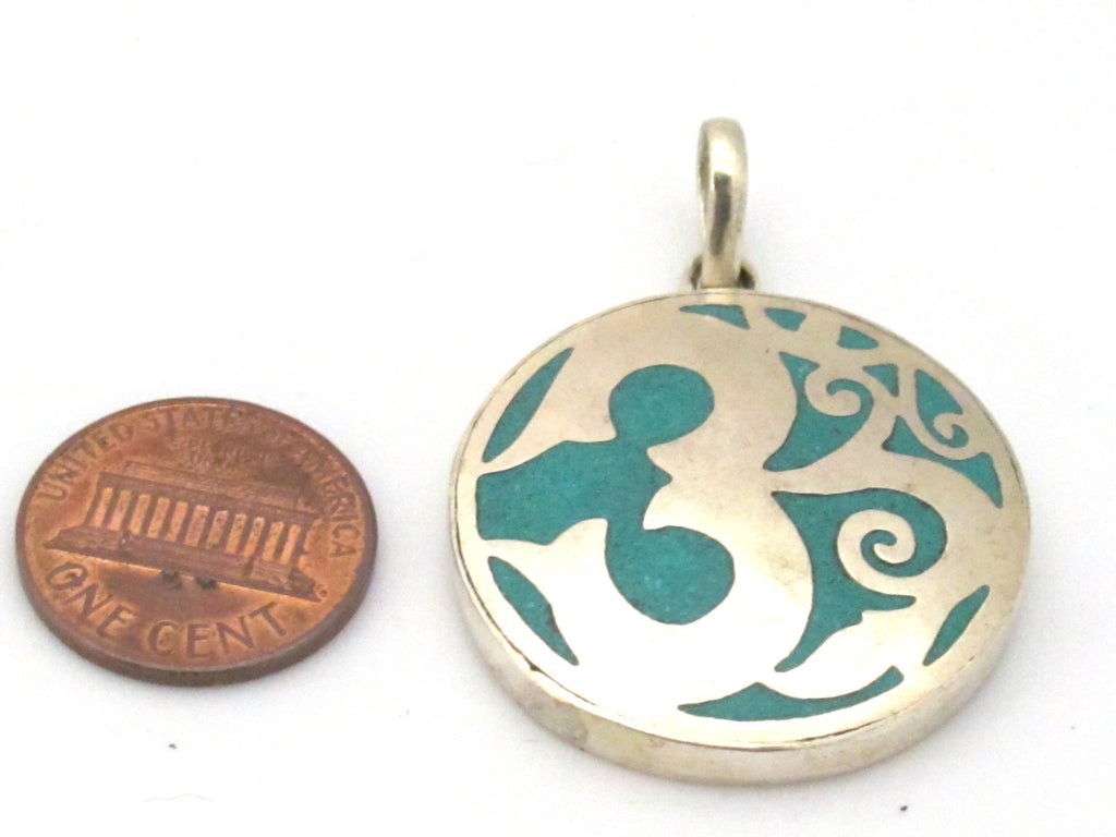 Tibetan round shape sanskrit OM mantra floral design pendant turquoise inlay - Tibetan pendant supplies - Nepalbeadshop - PM475C