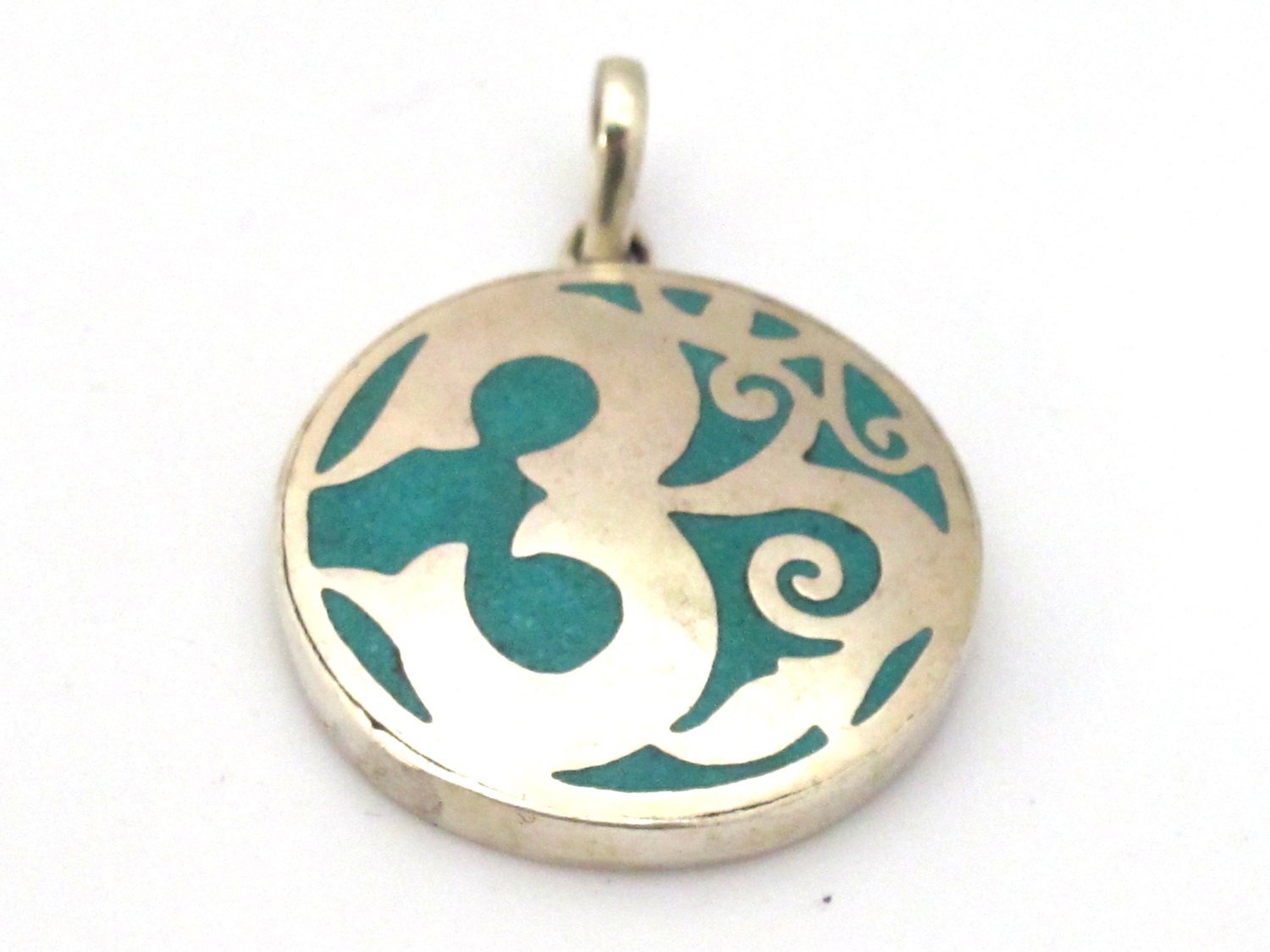Tibetan round shape sanskrit OM mantra floral design pendant turquoise inlay - Tibetan pendant supplies - Nepalbeadshop - PM475C