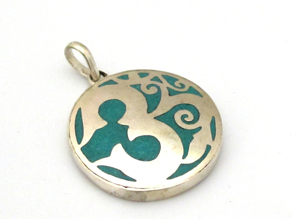 Tibetan round shape sanskrit OM mantra floral design pendant turquoise inlay - Tibetan pendant supplies - Nepalbeadshop - PM475C