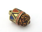 1 Pendant - Nepal natural Rudraksha seed capped drop brass pendant with lapis coral inlays - PM476C