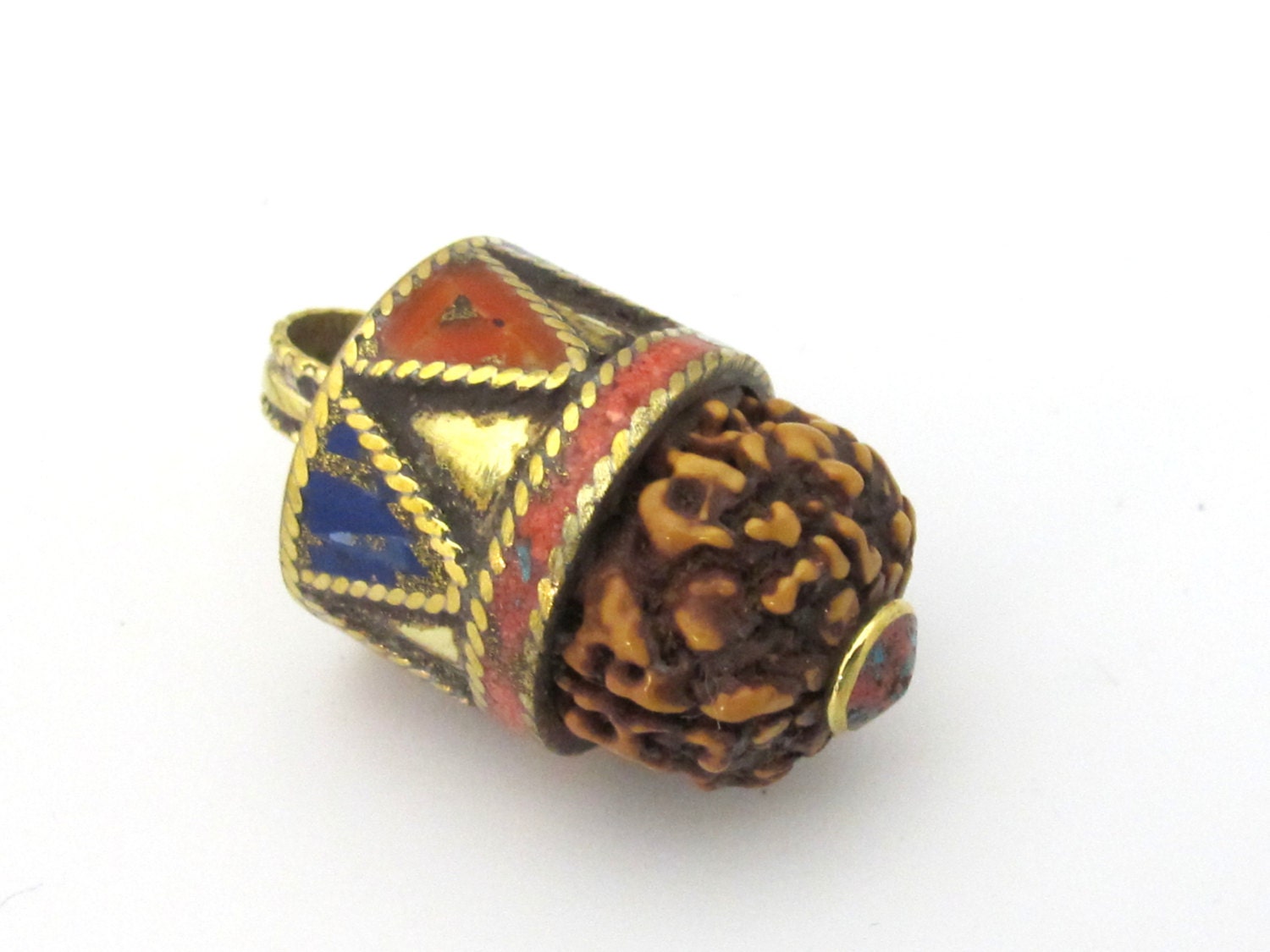 1 Pendant - Nepal natural Rudraksha seed capped drop brass pendant with lapis coral inlays - PM476C