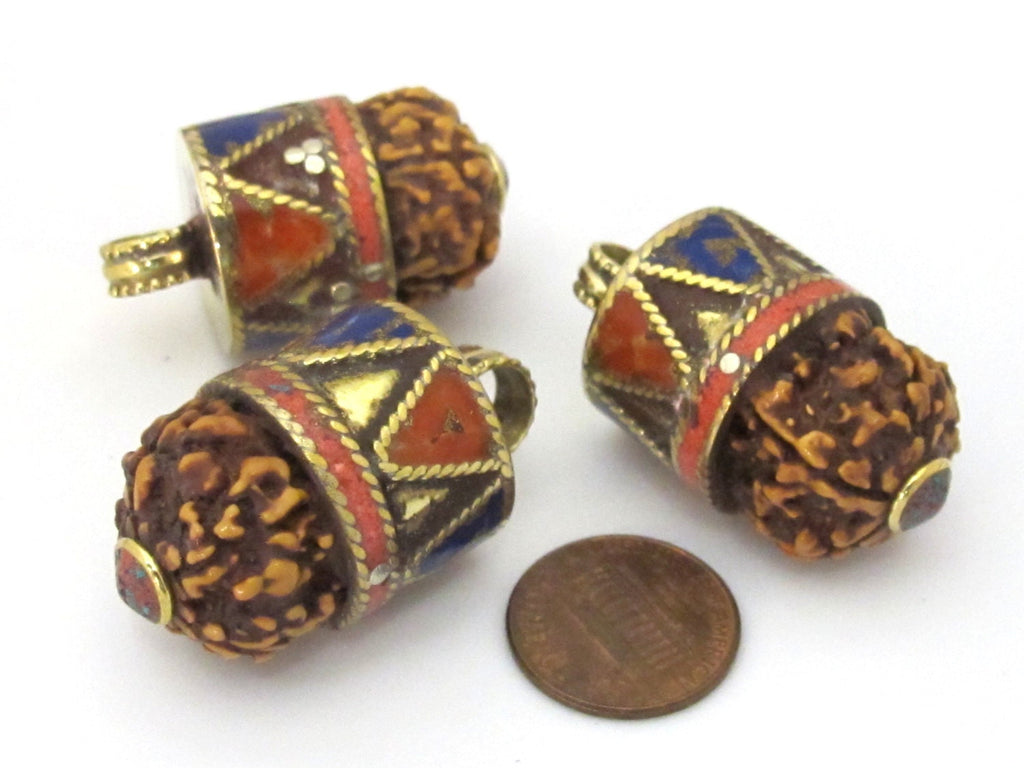 1 Pendant - Nepal natural Rudraksha seed capped drop brass pendant with lapis coral inlays - PM476C