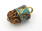 1 Pendant - Nepal natural Rudraksha seed capped drop brass pendant with lapis turquoise inlays - PM476D